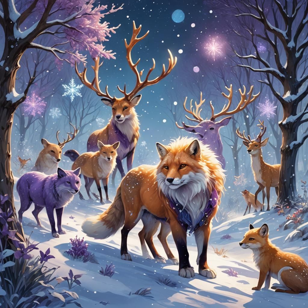 Fox, Lion, and Reindeer in Winter Wonderland
