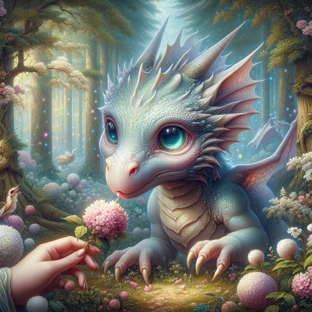 Pastel Dragon Consuming Blossoms in Renaissance Forest