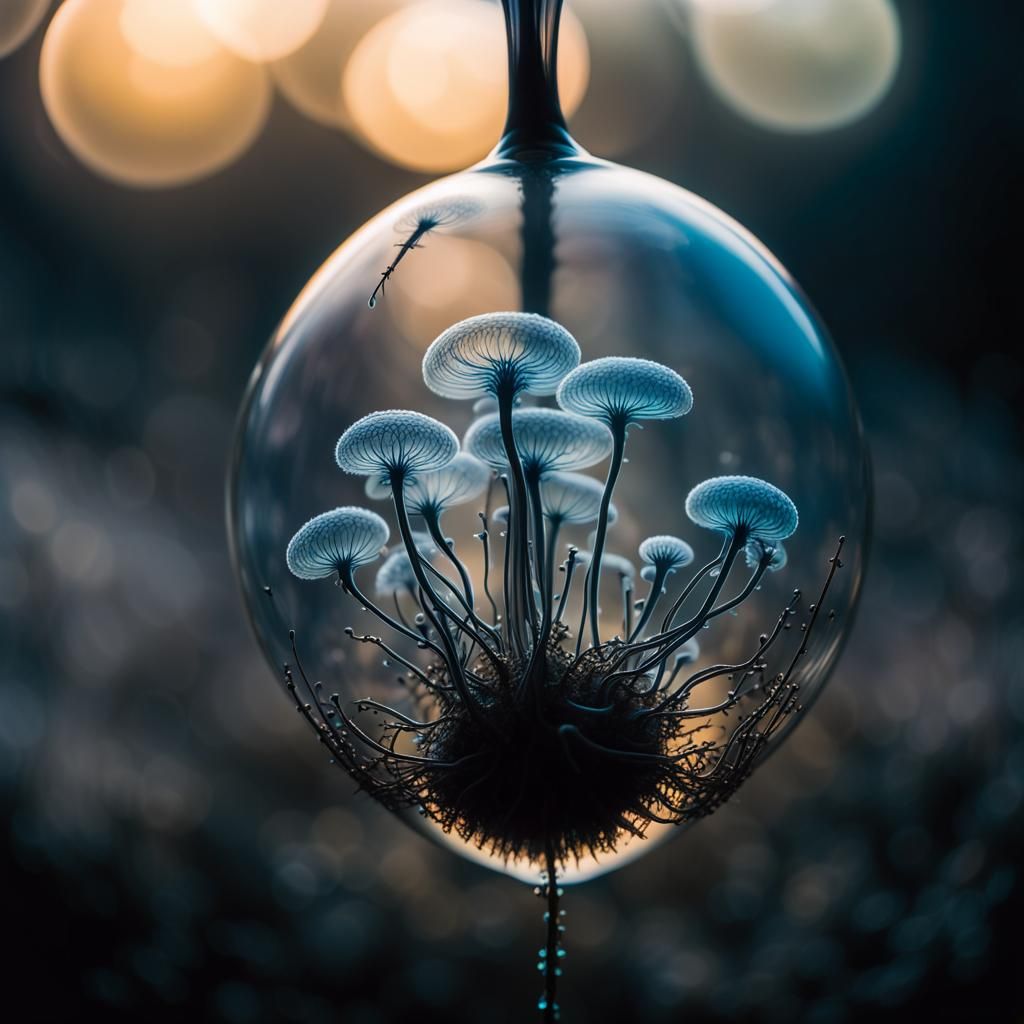 Bioluminescent Ferrofluid Fungal Spores in Glass Balloon