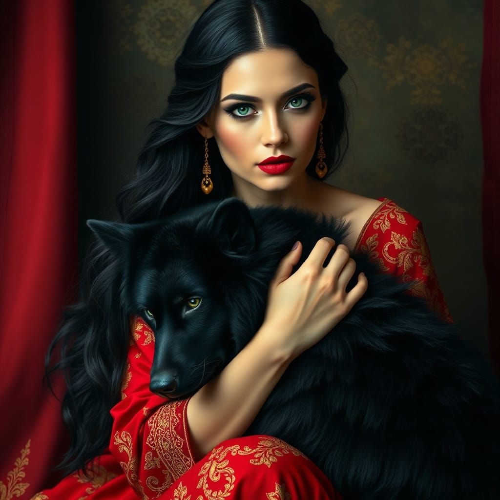 Elegant Woman in Red Gown with Majestic Black Wolf