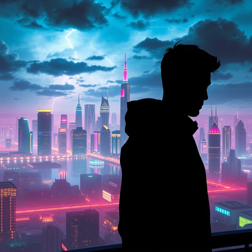 Man's Silhouette Blends with Futuristic Cityscape at Night, ...