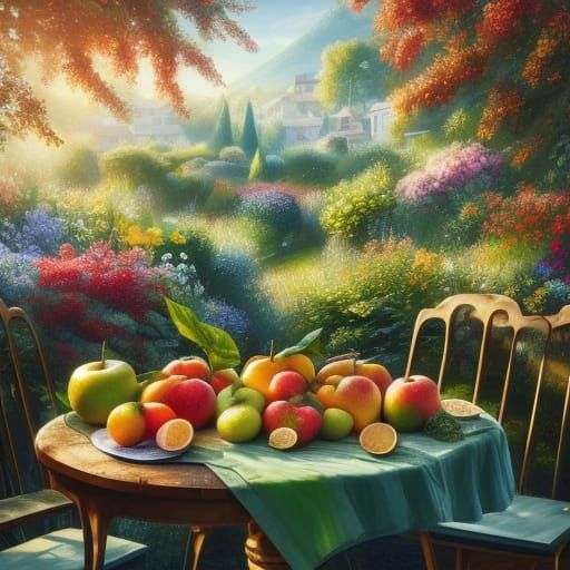 Impressionist Oil Painting of Fruit on Garden Table