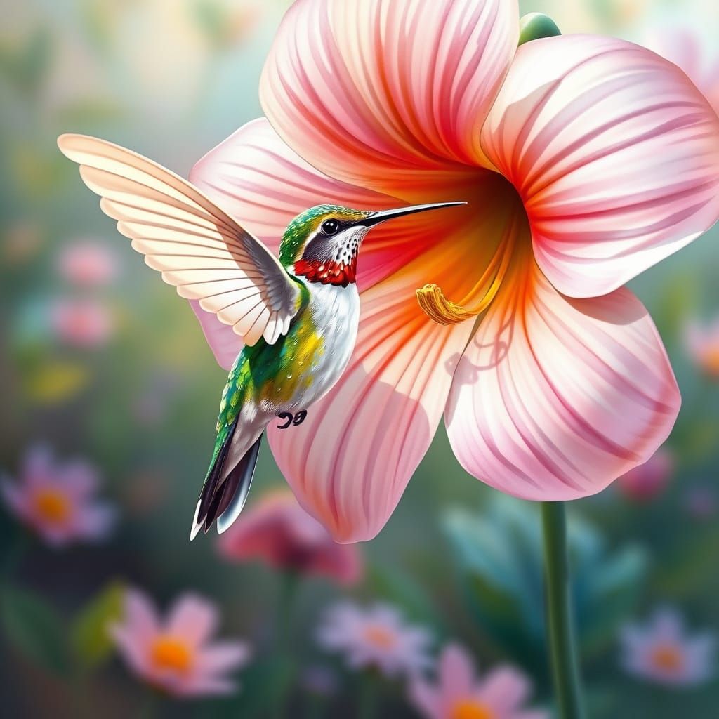 Hummingbird in Dreamlike Airbrush Garden