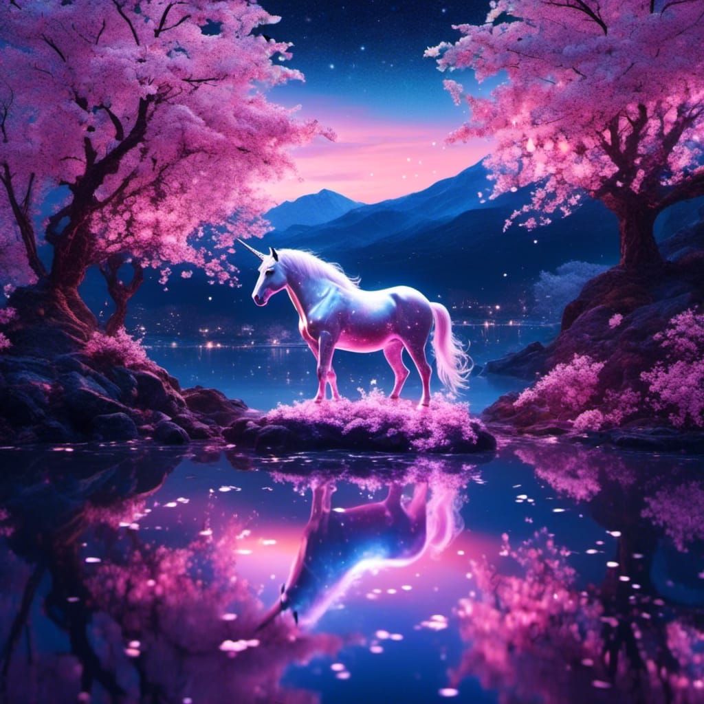 Glowing Unicorn in Cherry Blossom Fantasy