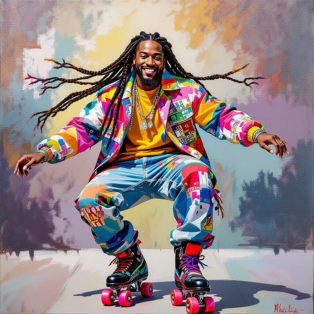 Smiling Skater with Braids in Vibrant Abstract Style