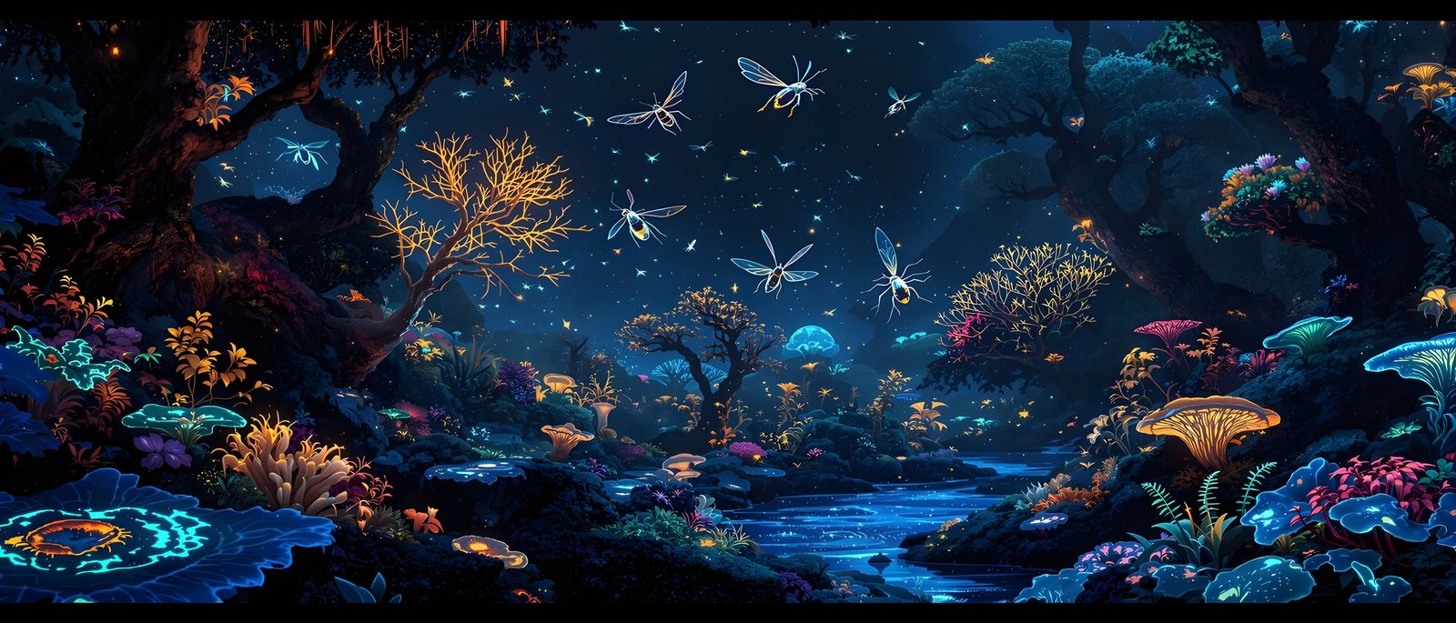 Electric Bioluminescent Garden in Gouache Watercolor Style