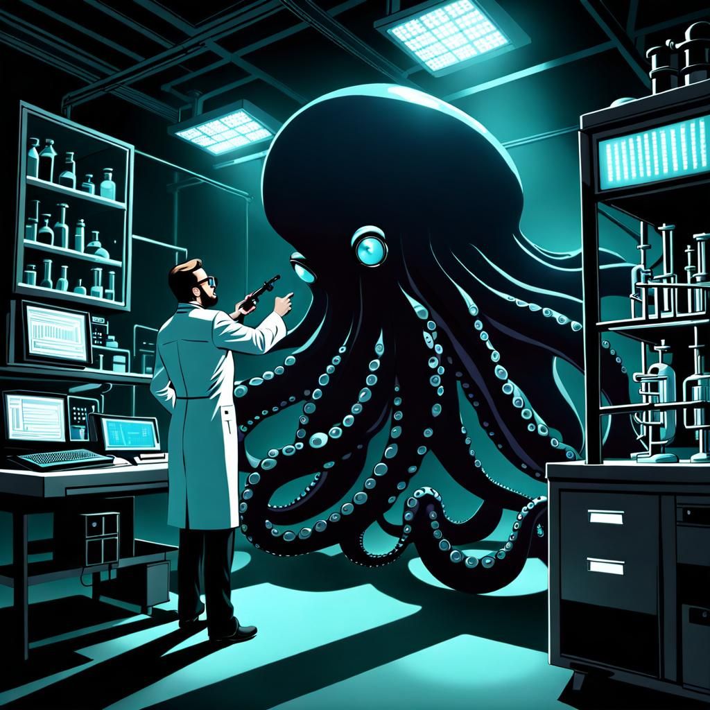 Frightened Scientist Escaping Alien Octopus in Laboratory