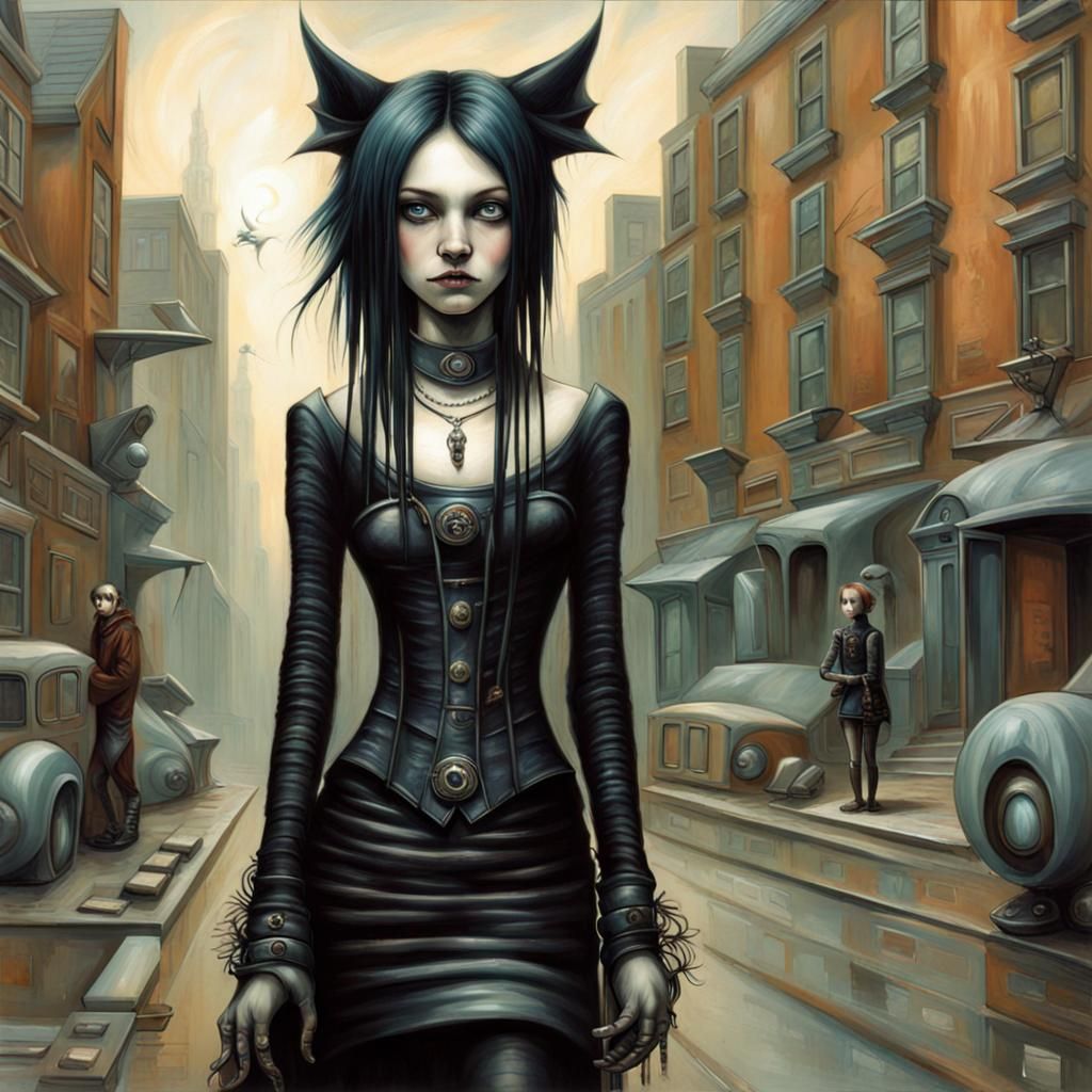 Gothic Punk Girl in Solarpunk Cityscape
