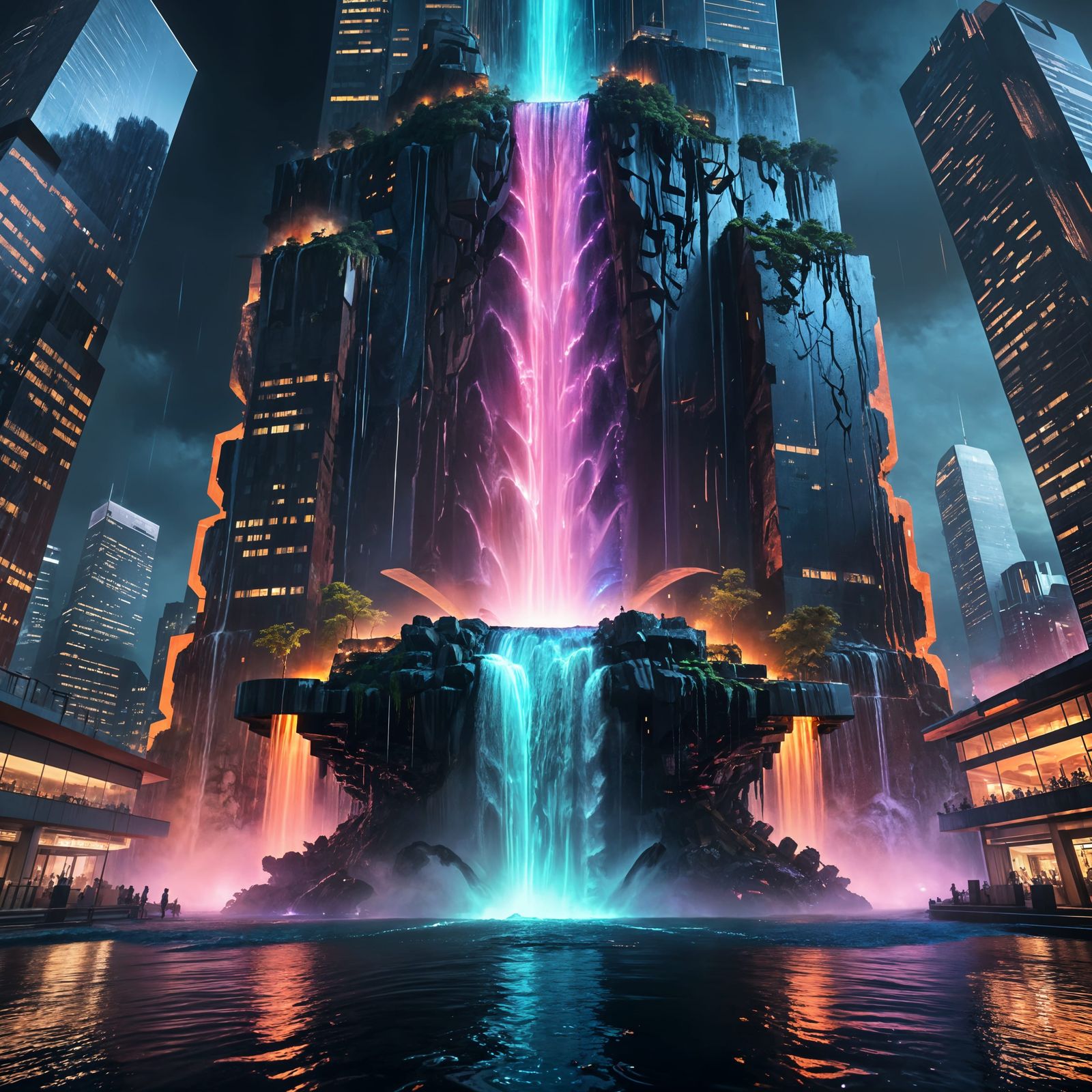 Futuristic Skyscraper Waterfall in Neon Metropolis