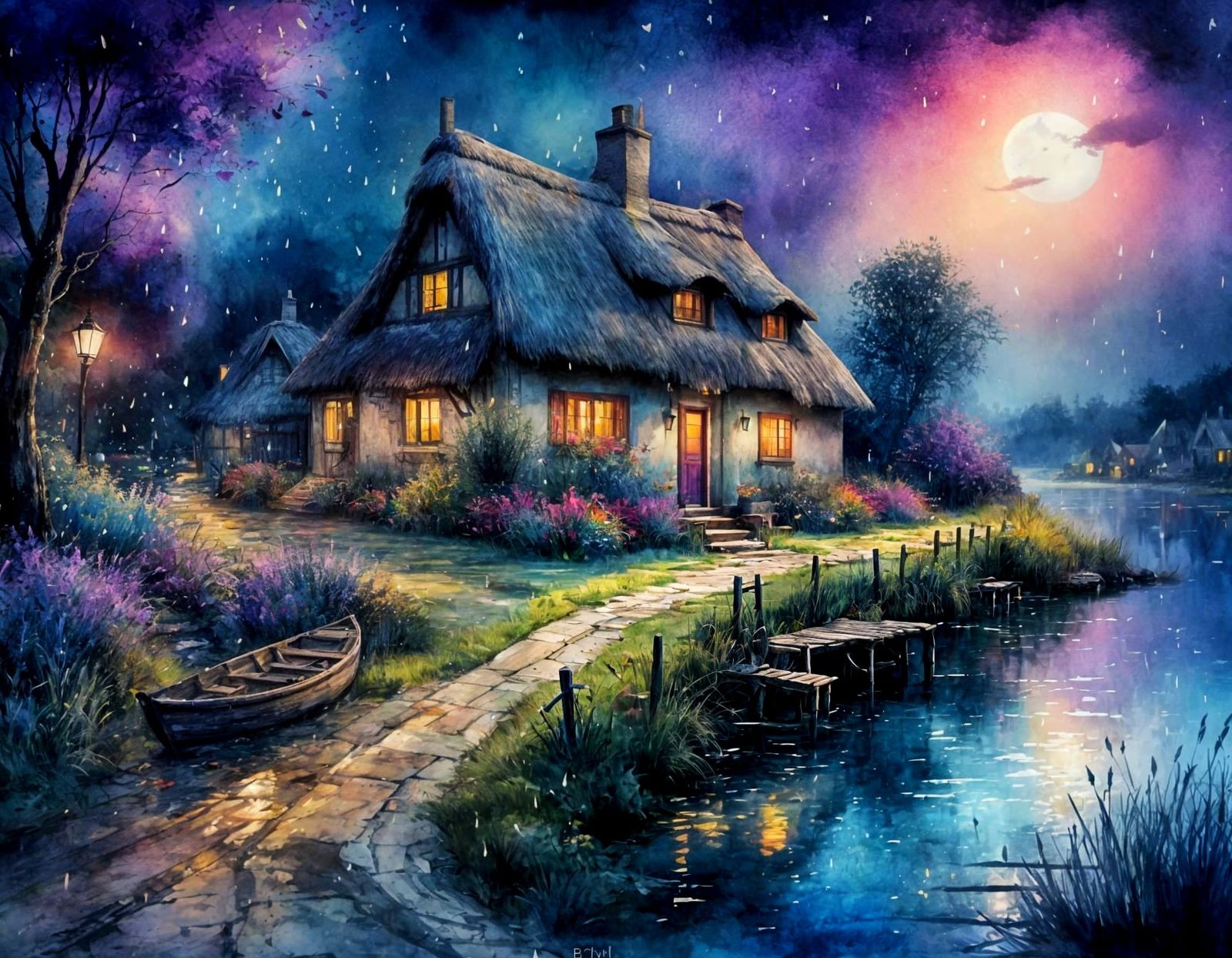 Watercolor Cottagecore Dreamscape in Riotous Colors