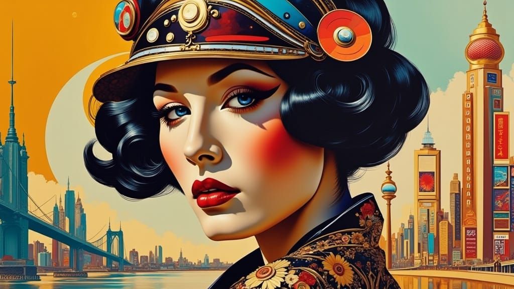 Retro-Futuristic Goddess Admires Futuristic City