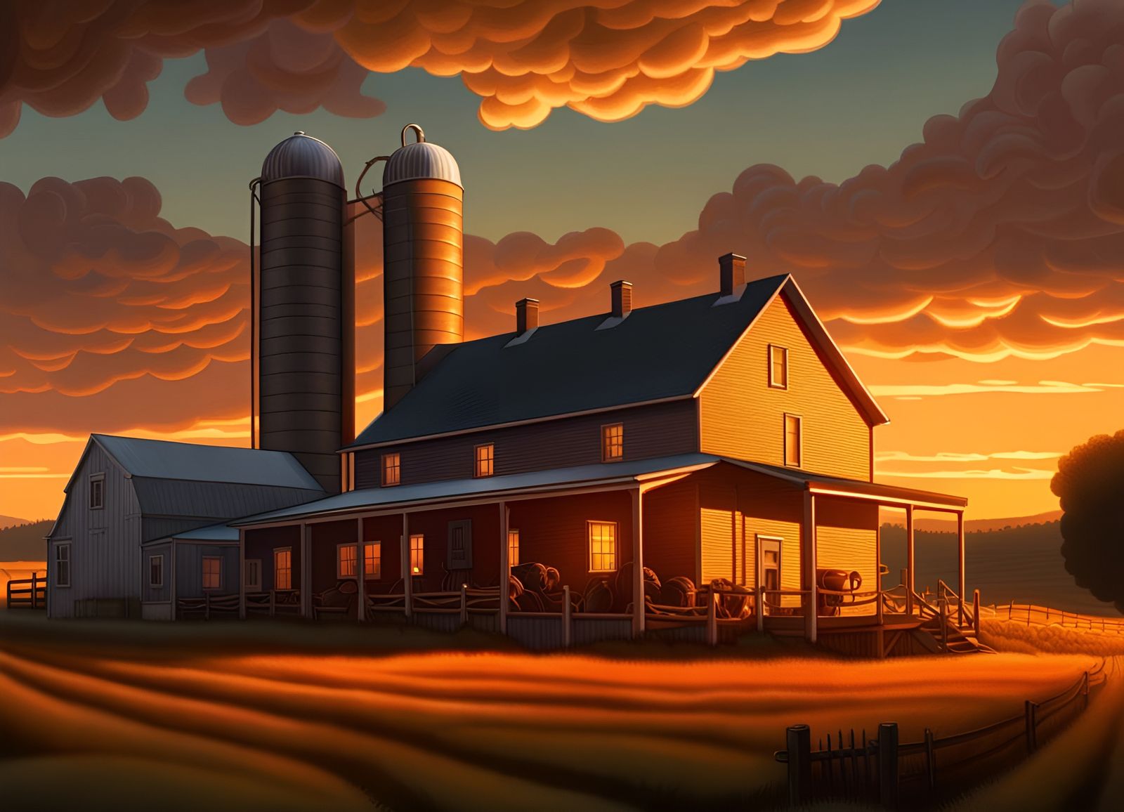 Farmstead Digital Tempera Painting at Dusk