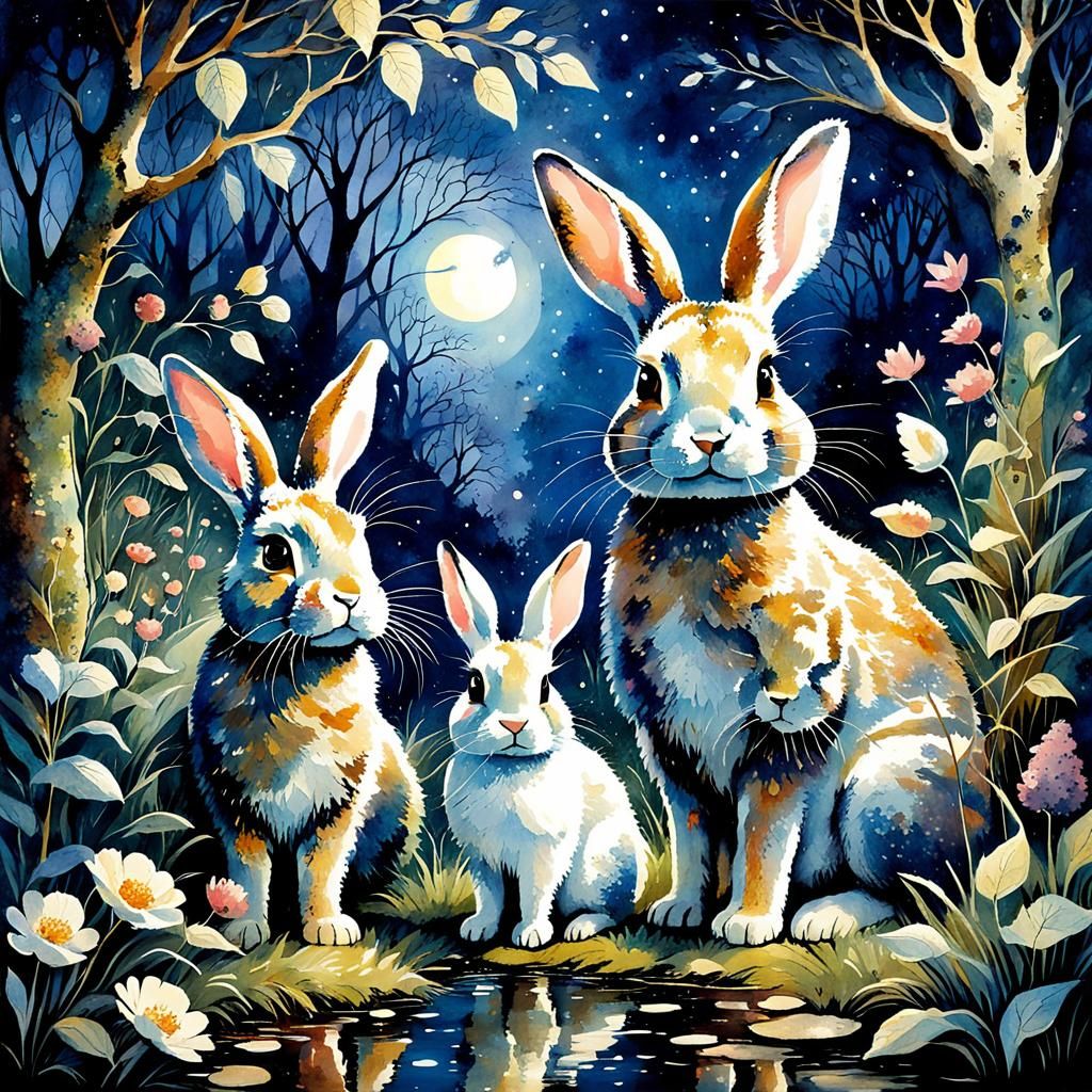 Rabbit Family in Enchanted Garden, Watercolor Painting