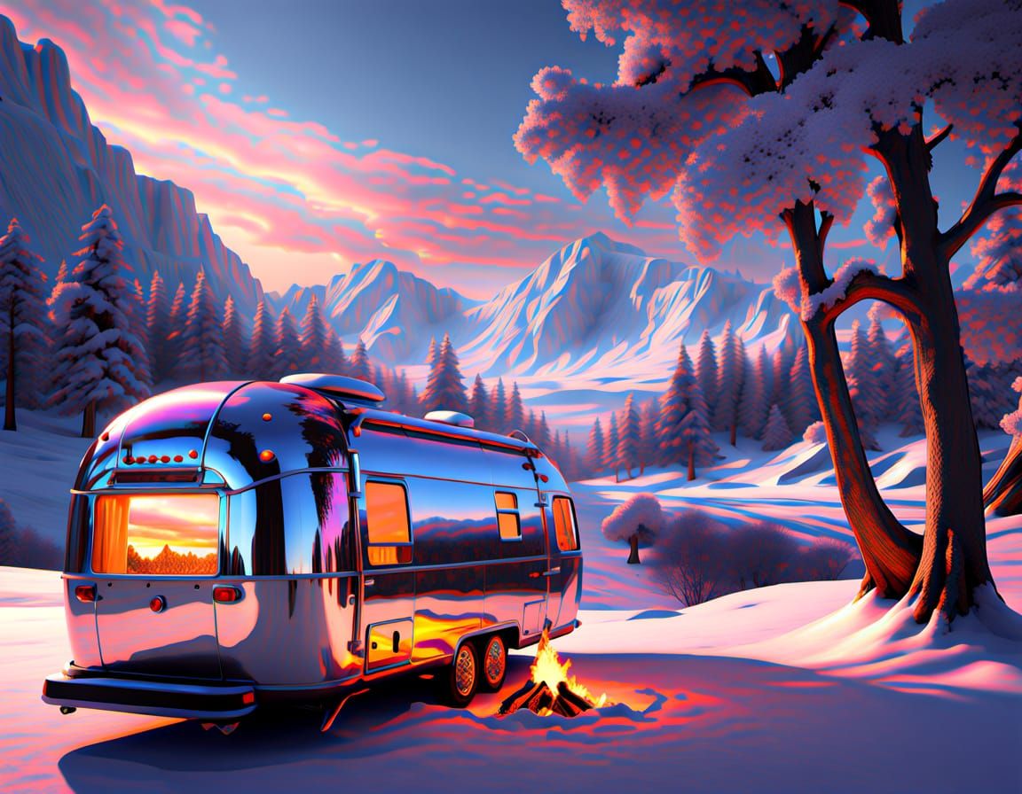 Silver Airstream Camper Basks in Sunset Glow on Frosty Lake