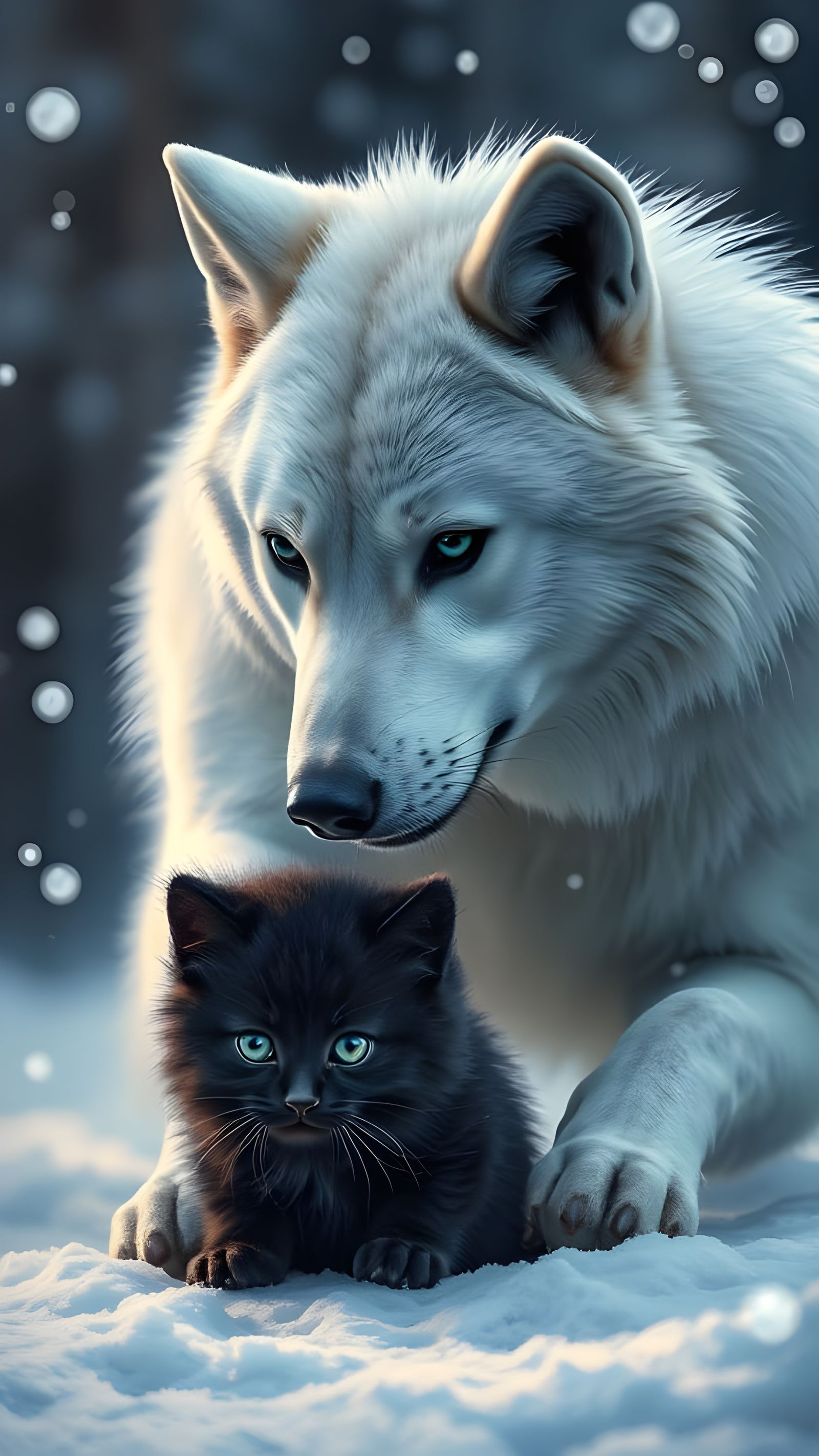 Hyperrealistic Wolf Protects Kitten in Snowy Scene