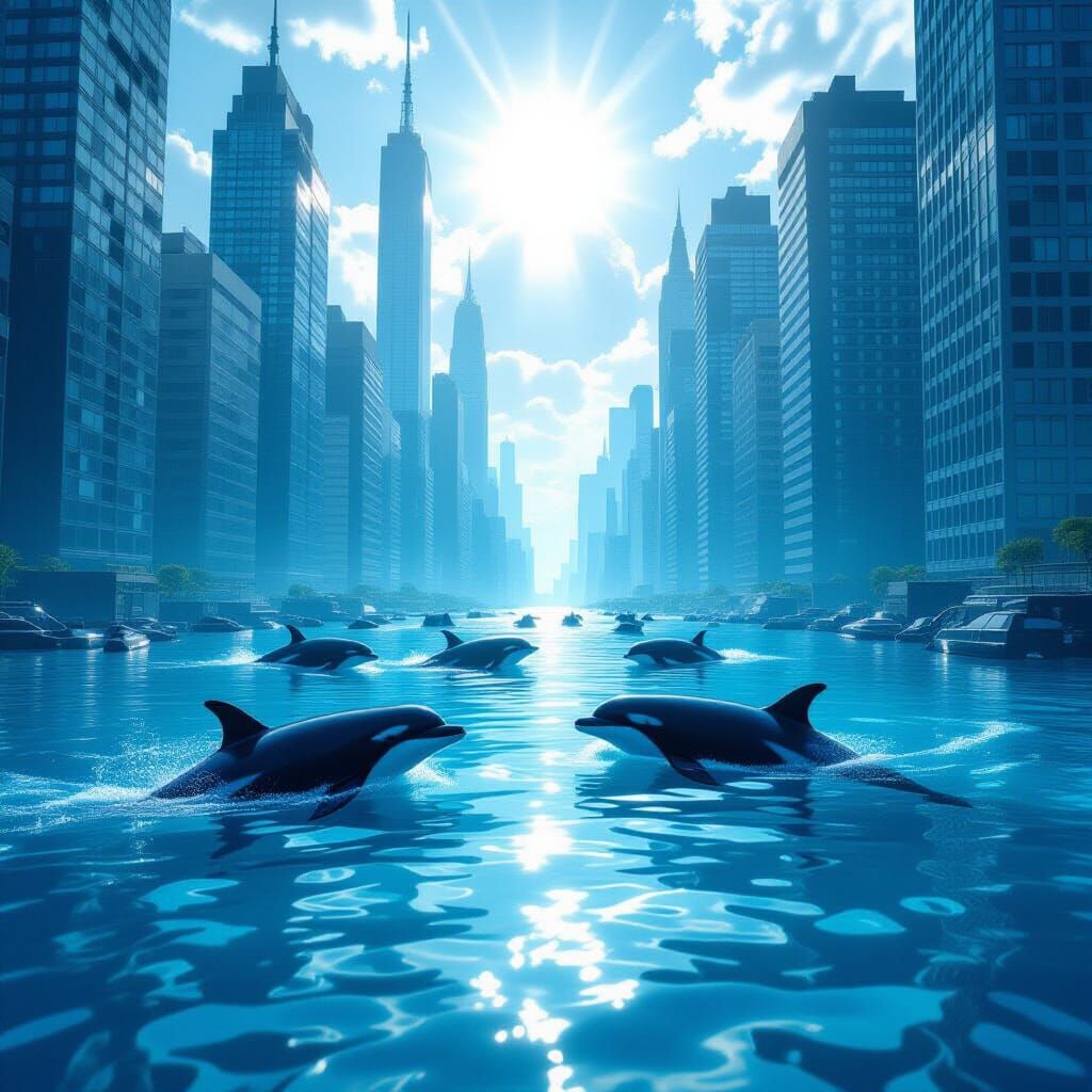 Dolphins Swim Through Sunlit Flooded Metropolis
