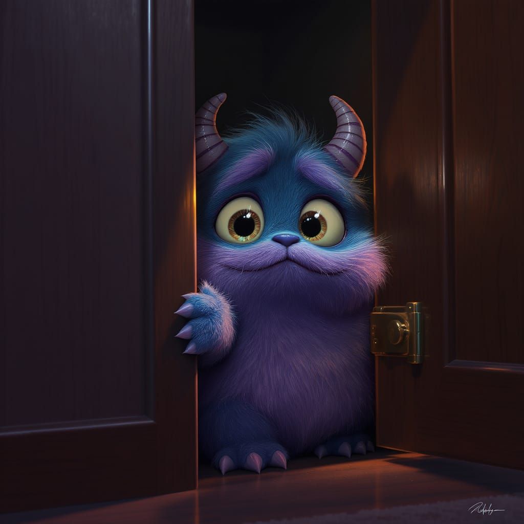 Shy Monster Peeking from Closet in Dramatic Light