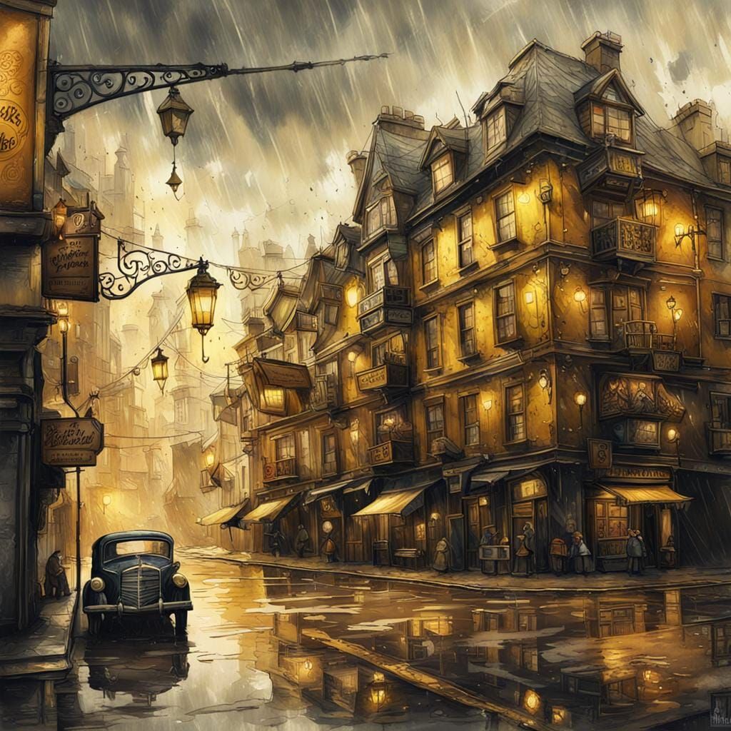 Steampunk Rainy Day Ink Painting in Vintage Style