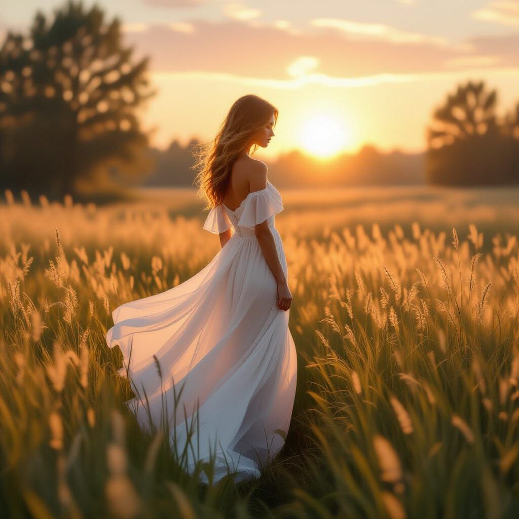 Hopeful Figure in Sunrise Meadow, Matte Painting Style