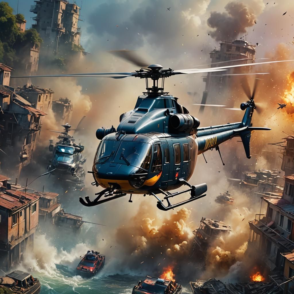 Helicopter Rescue Mission in Hyperrealistic Splash Art