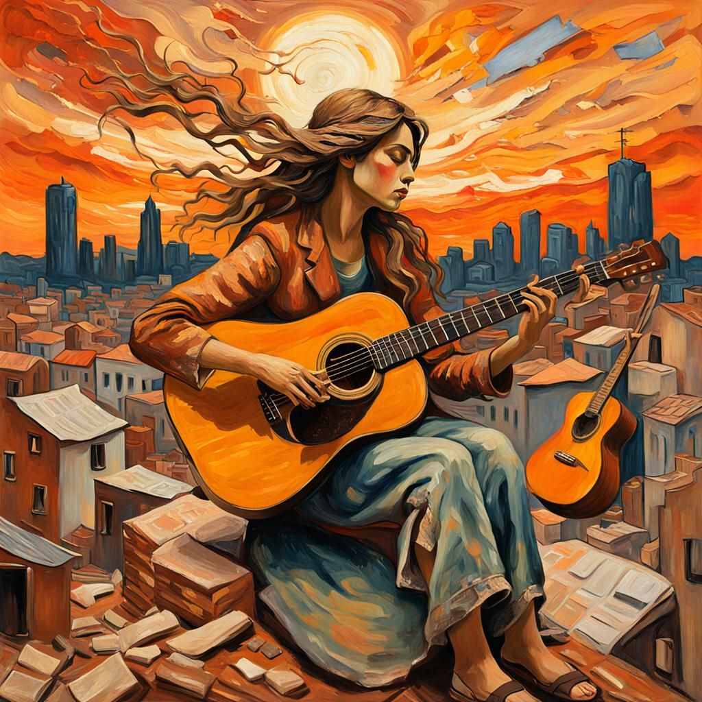 Woman Plays Guitar in War-Torn City: Narrative Art