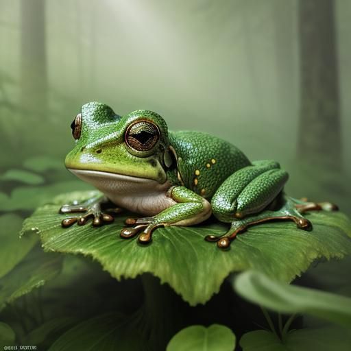 Frog on Mushroom in Misty Forest: Impressionist Illustration