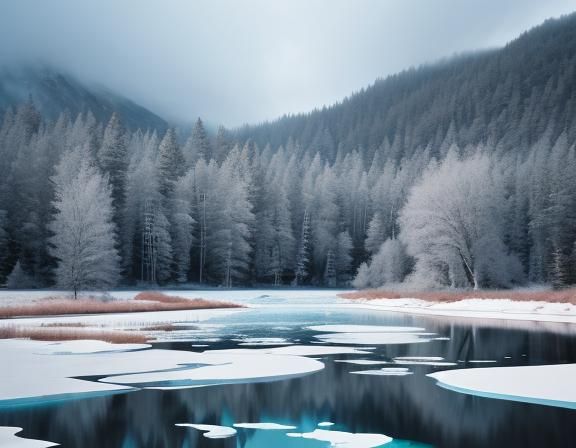 Frozen Palisade on a Lake: Cinematic Digital Art