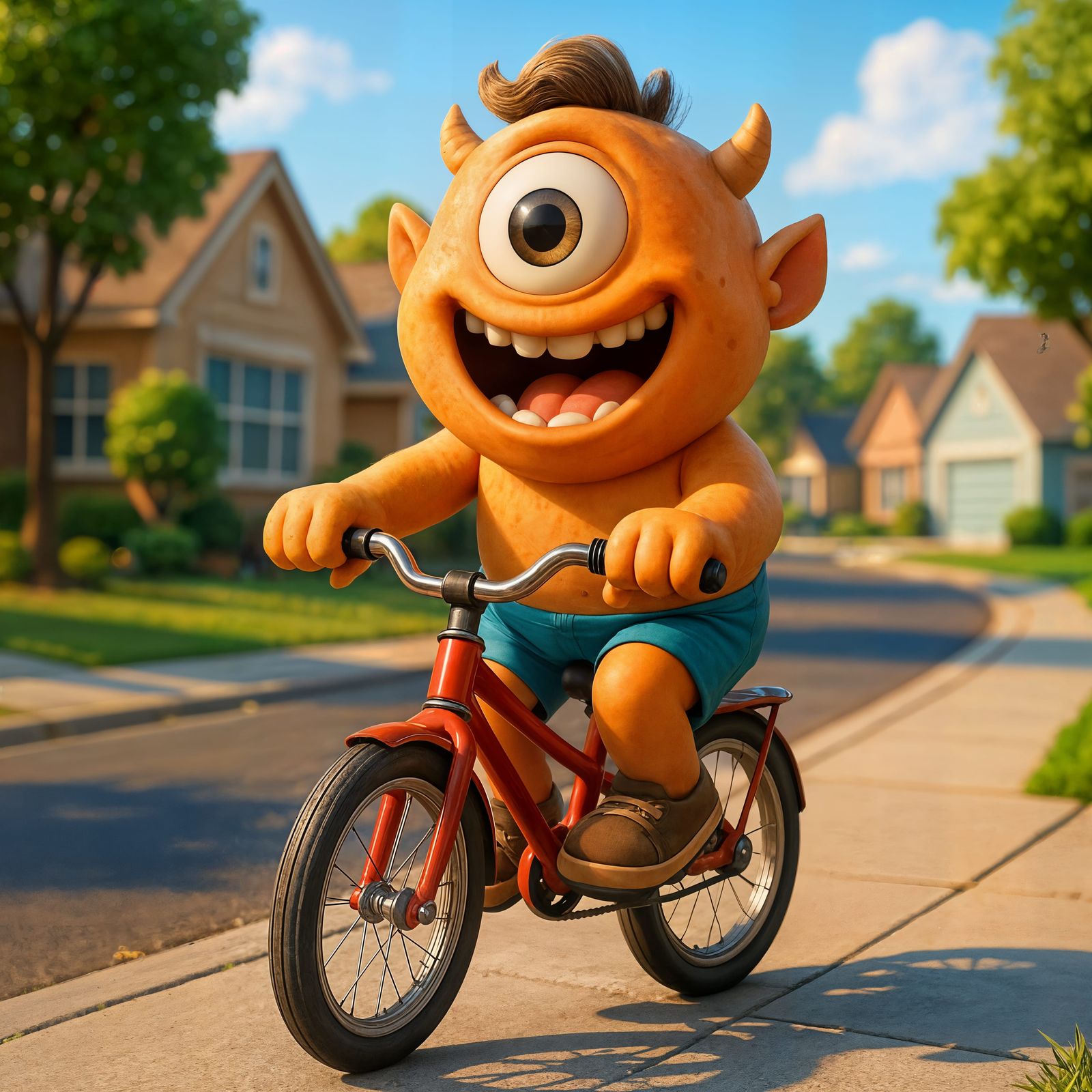 Happy Cartoon Cyclops Rides Bicycle in CGI Style