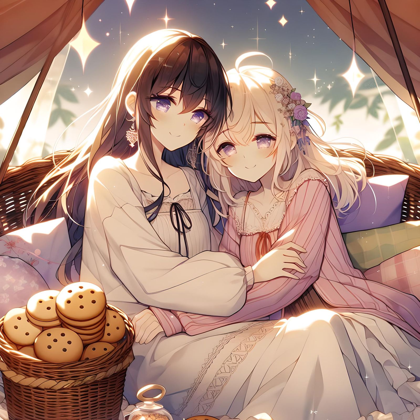 Anime Illustration: Sisters' Tender Embrace