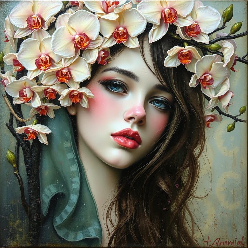 Mythical Orchid Goddess in Pearlescent Encaustic Beauty
