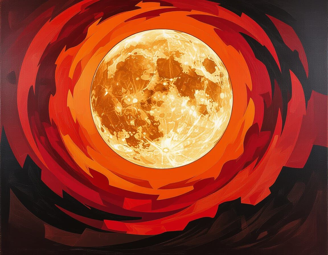 Fractured Moon in Crimson Spiral Vortex