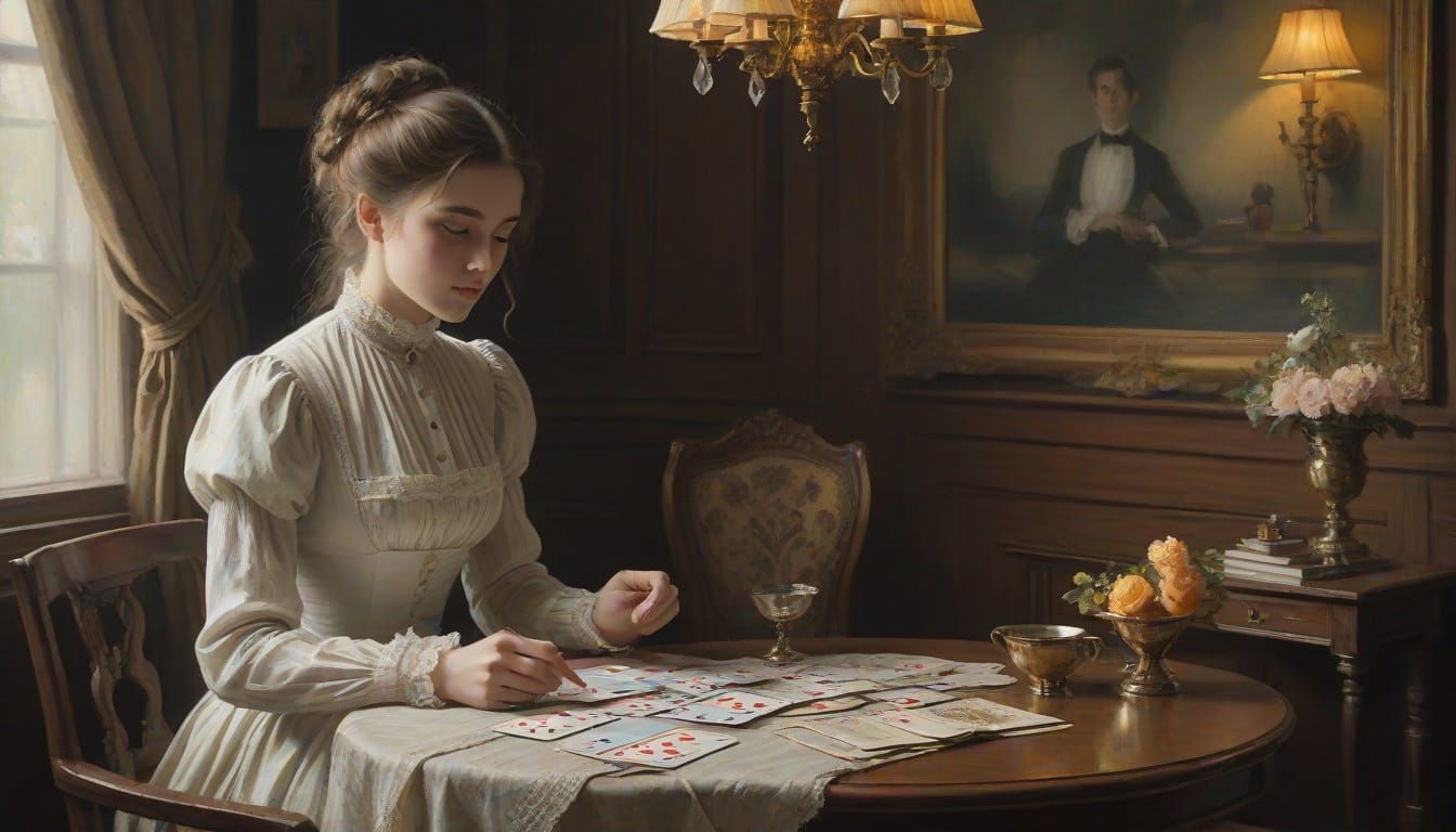 Young Woman Plays Patience in Edwardian Elegance