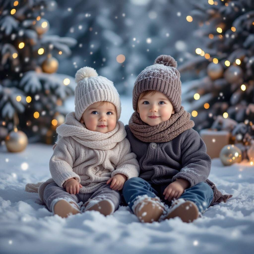 Siblings Enjoying a Snowy Christmas Scene