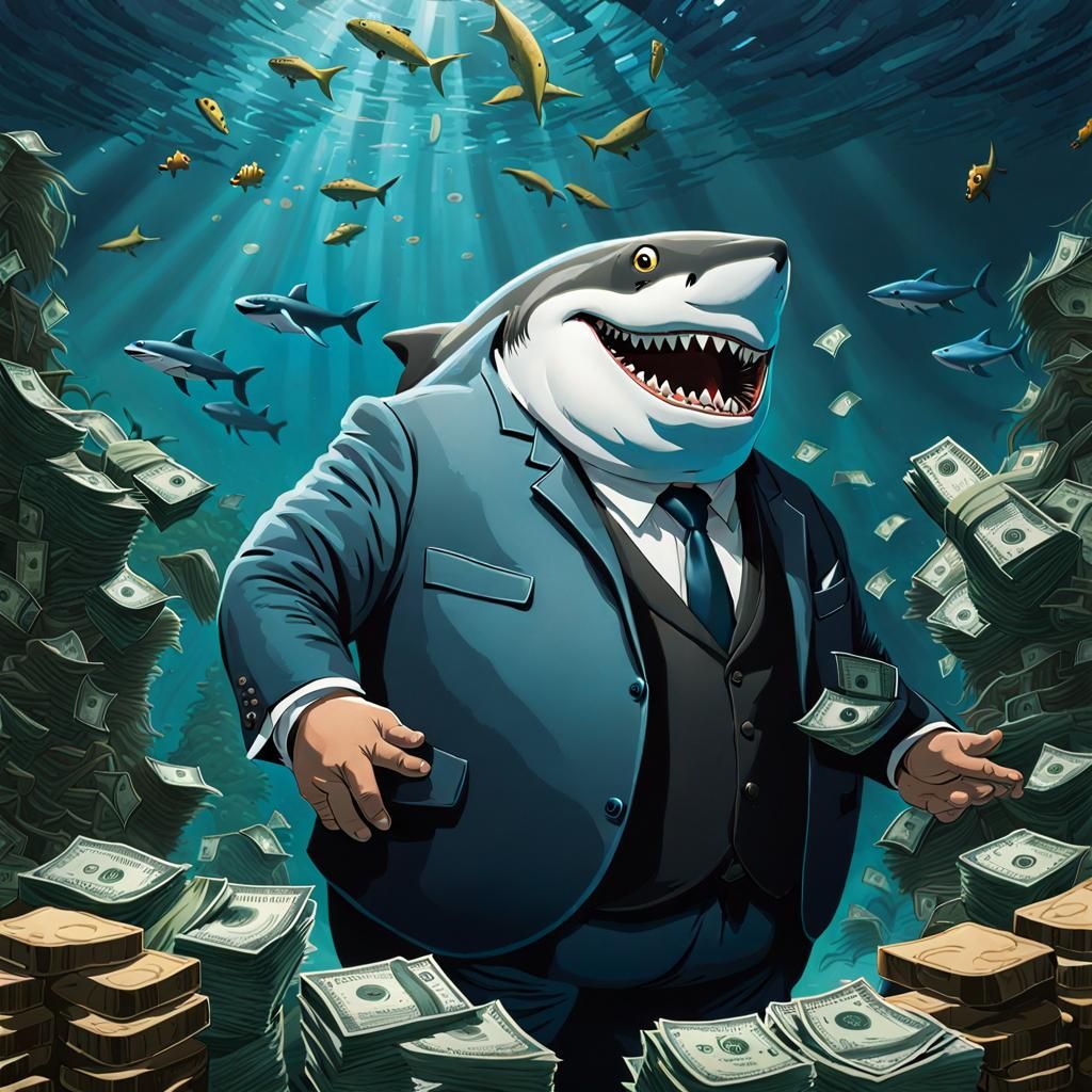 Humorous Shark Mob Boss in Detailed Underwater Scene