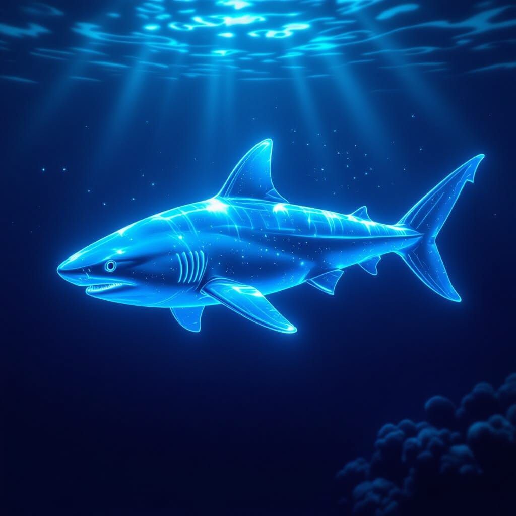 Bioluminescent Glass Shark in Mysterious Ocean Depths