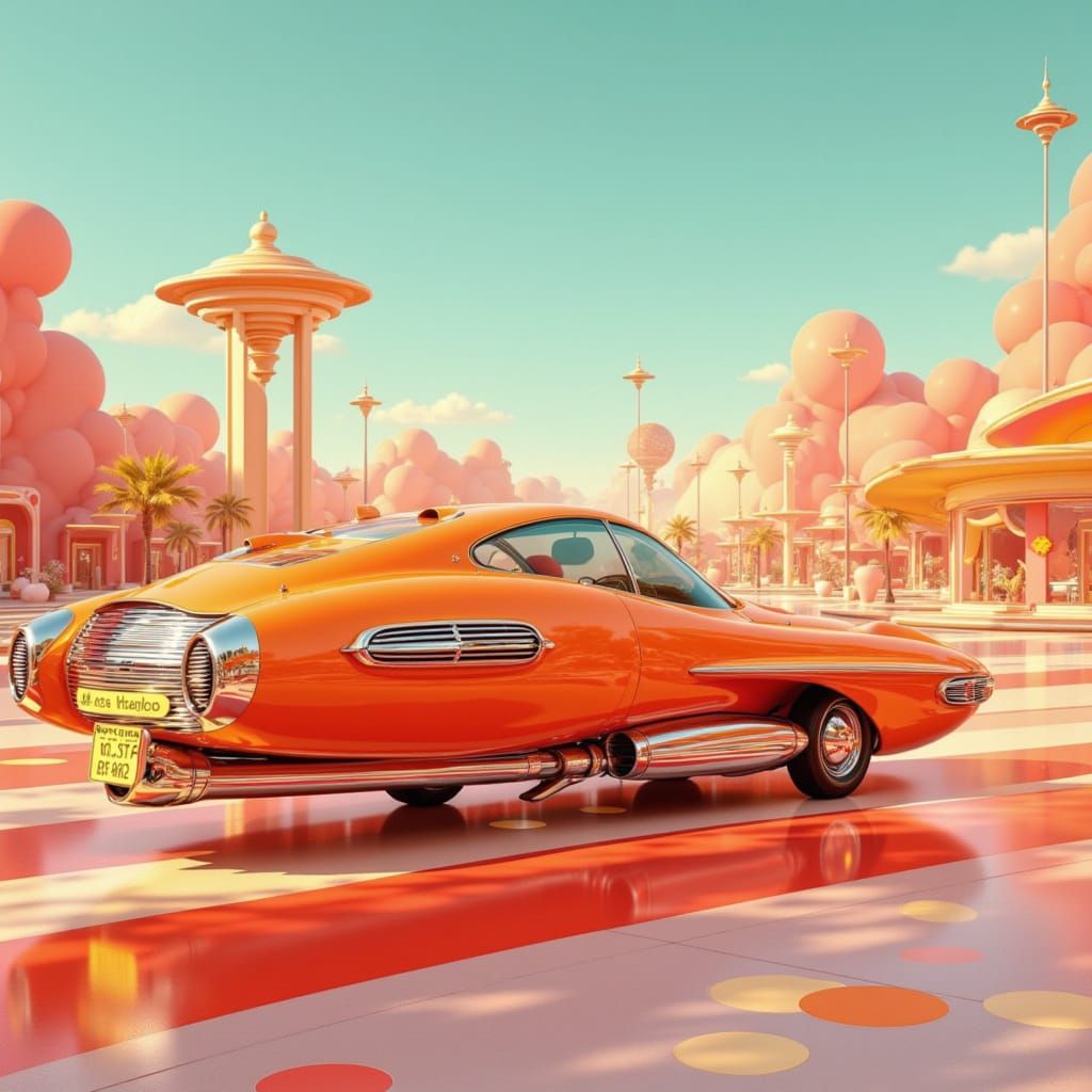 Retro Futuristic Orange Car Soaring Over Googie Cityscape