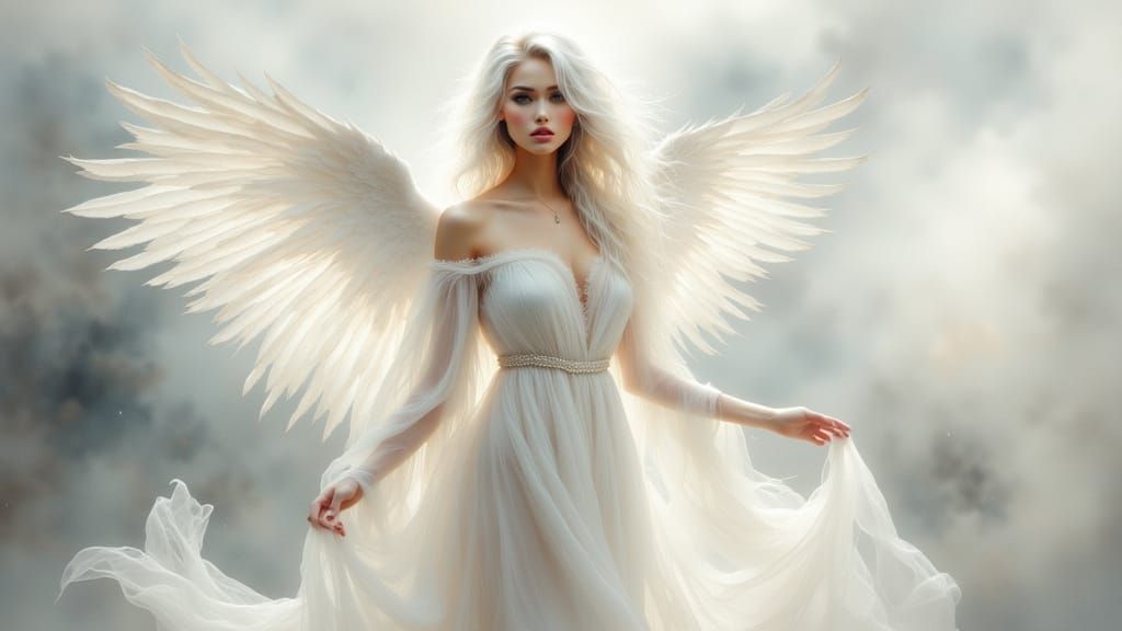 Ethereal Woman with Wings Soaring in Watercolor Style