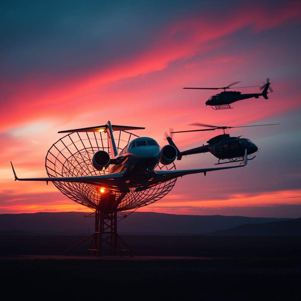 Golden Antenna Illuminates Twin Jet in Dazzling Sunset