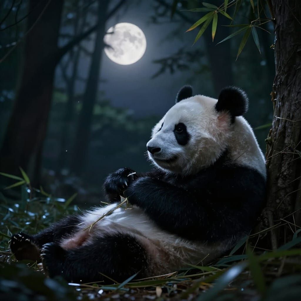 Panda Resting in Mystical Forest Under Moonlight