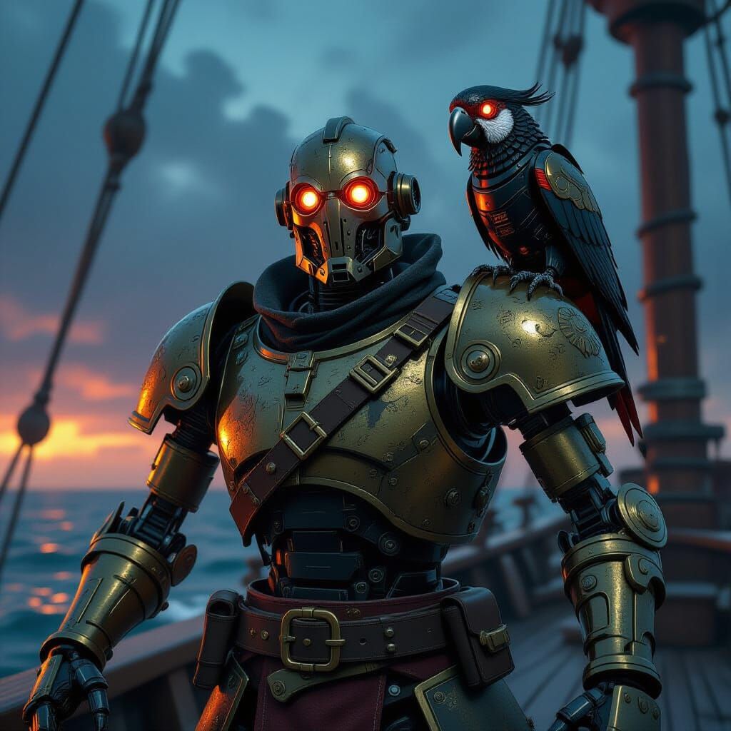 Warforged Pirate with Clockwork Parrot on Stormy Seas