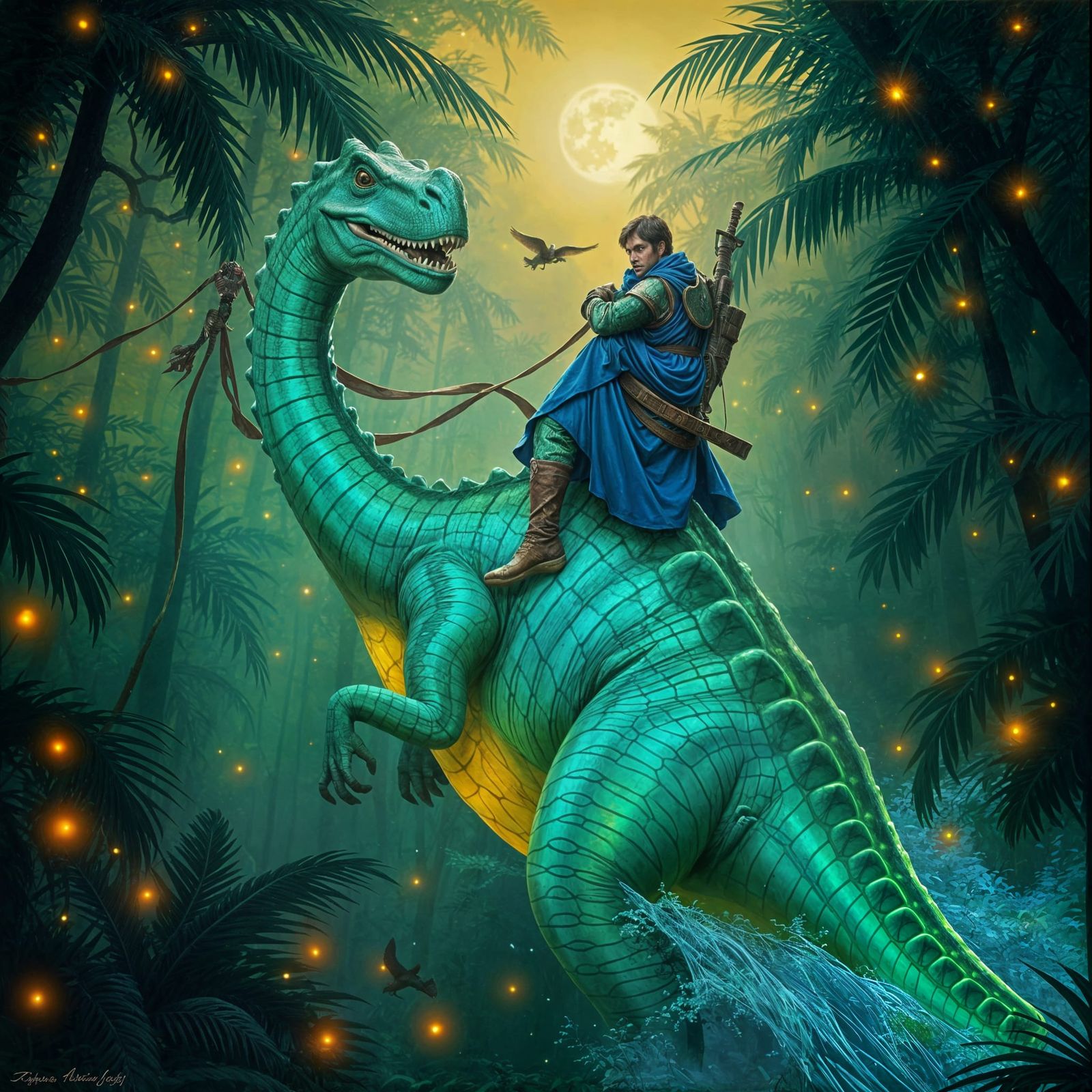 Bioluminescent Brachiosaurus in Jungle, Oil Painting