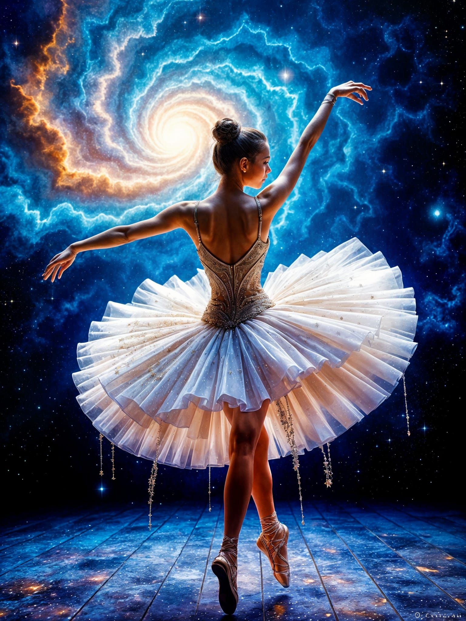 Ballerina Dances on Cosmic Nebulae and Stardust