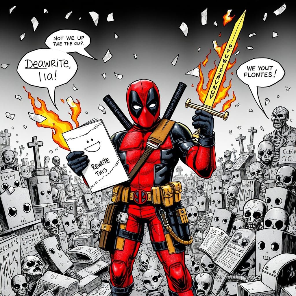 Deadpool in Patchwork Costume Amid Comic Graveyard