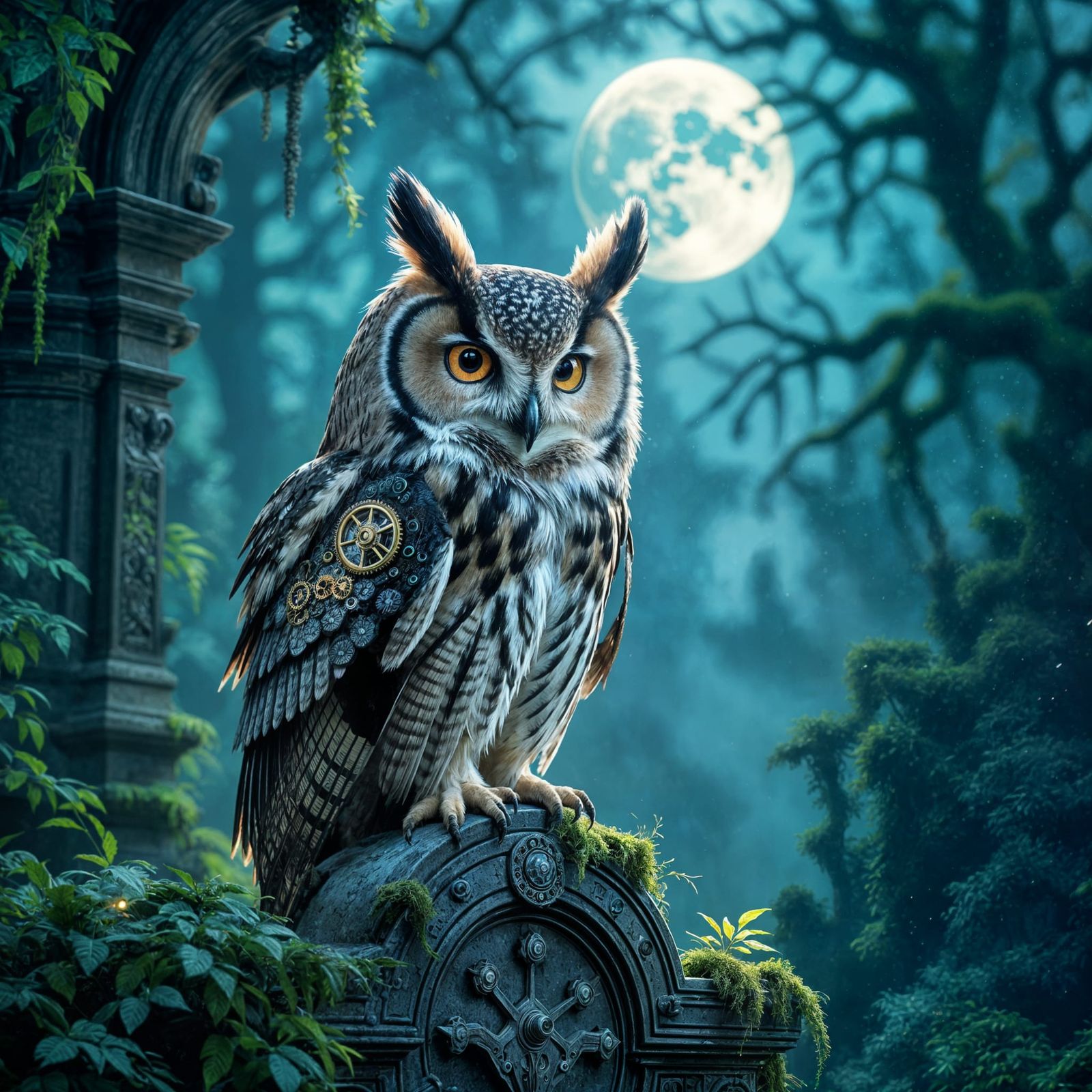 Majestic Clockwork Owl in Moonlit Forest Ruin