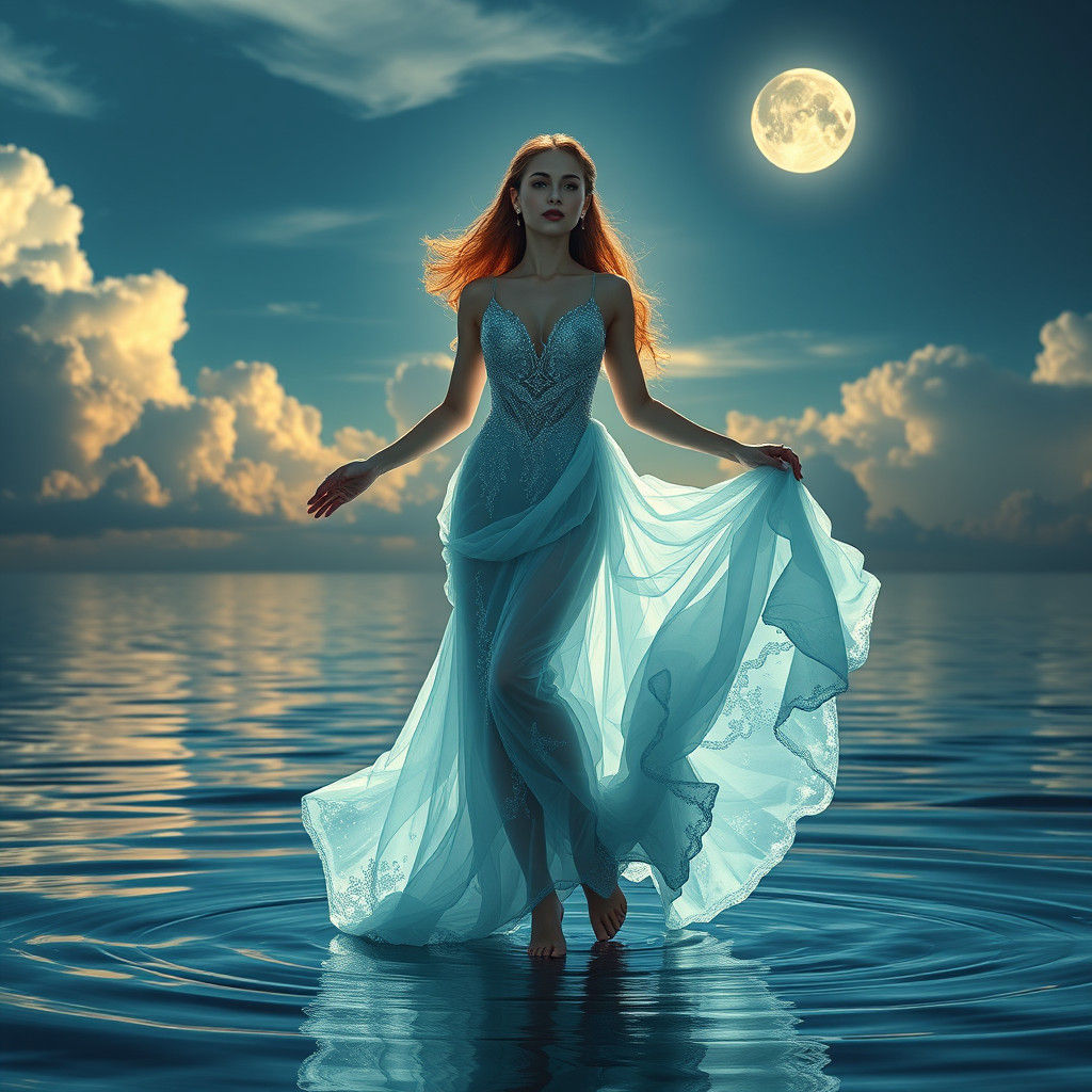 Elegant Woman in Flowing Dress on Water, Hyperrealistic Art