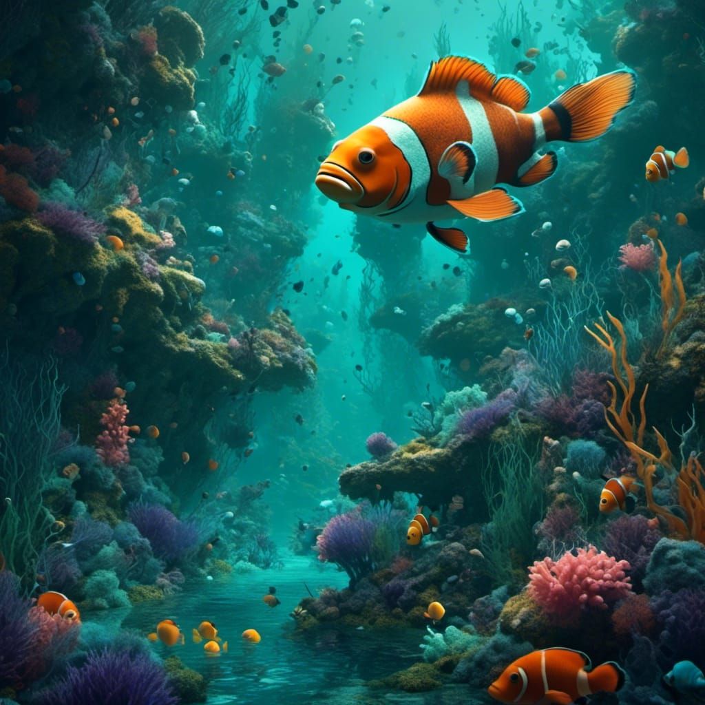 Mermaid with Clownfish in Teal, Detailed Digital Painting