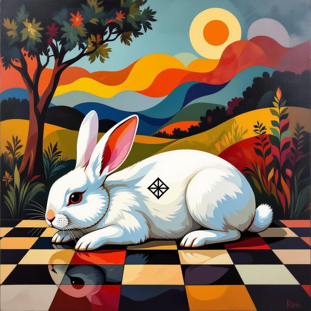 Rabbit on Chessboard in Saryan-Inspired Fauvist Style