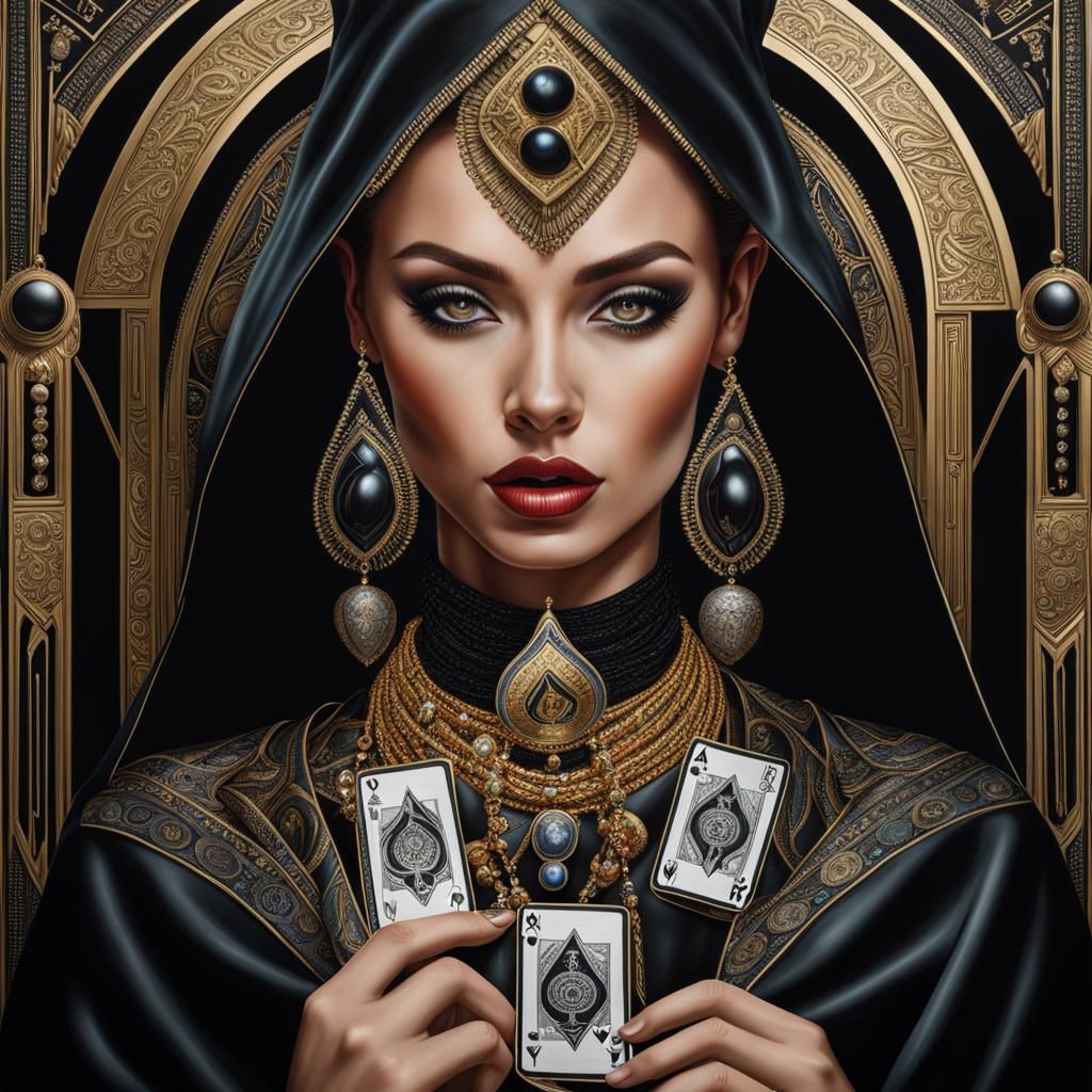 Hyperrealistic Woman with Tarot Cards and Silk