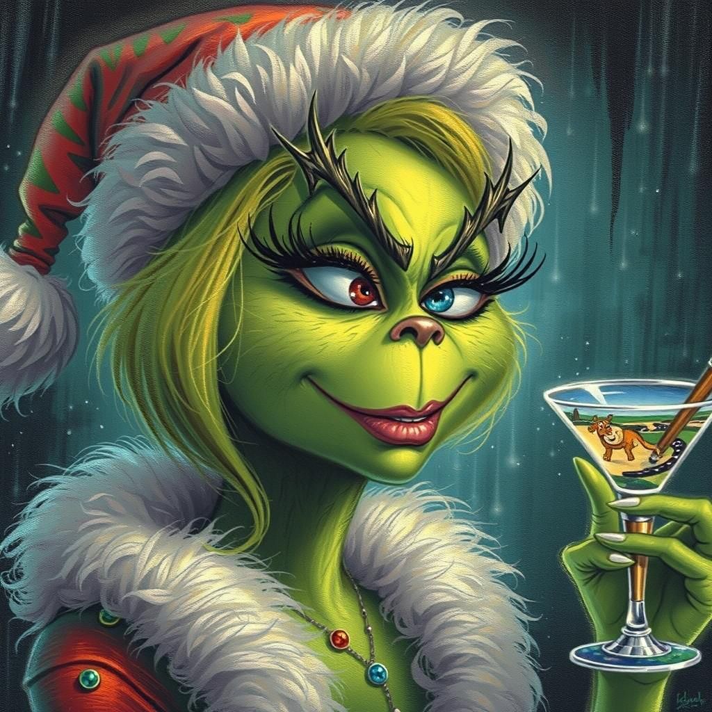 Mamma Grinch having a smoke and and drink, resplendent in a tattered, patchwork dress with mismatched buttons and a fray...