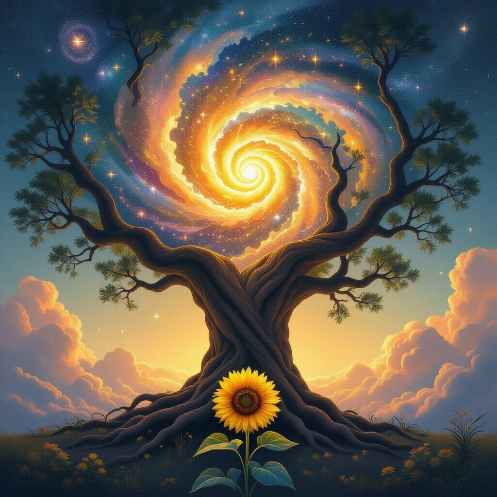 Cosmic Galaxy Tree with Blooming Sunflower
